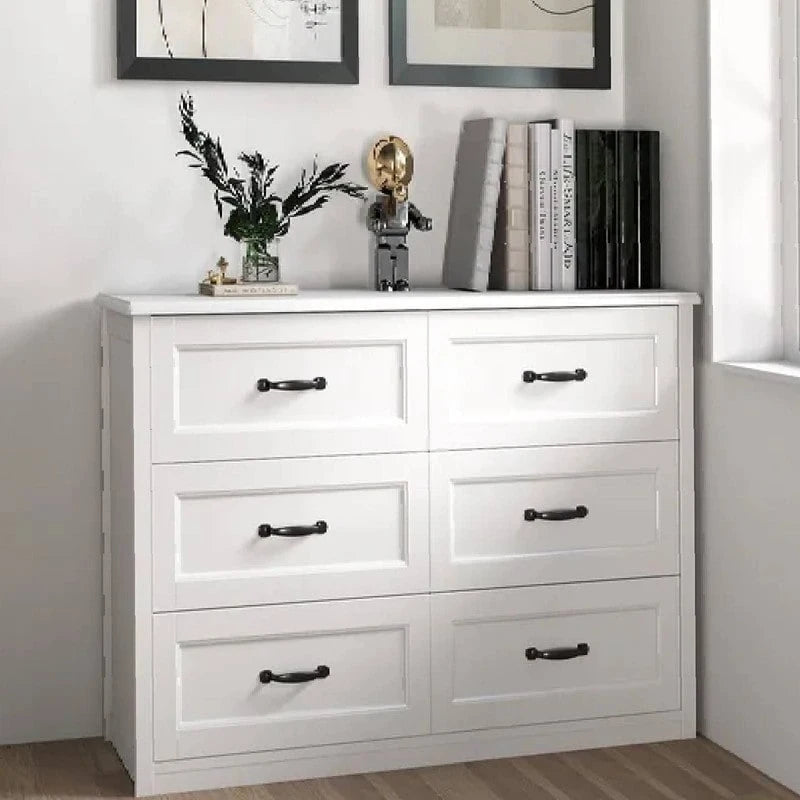 Commode double à 6 tiroirs en MDF blanc, organisateur de rangement, poignées noires