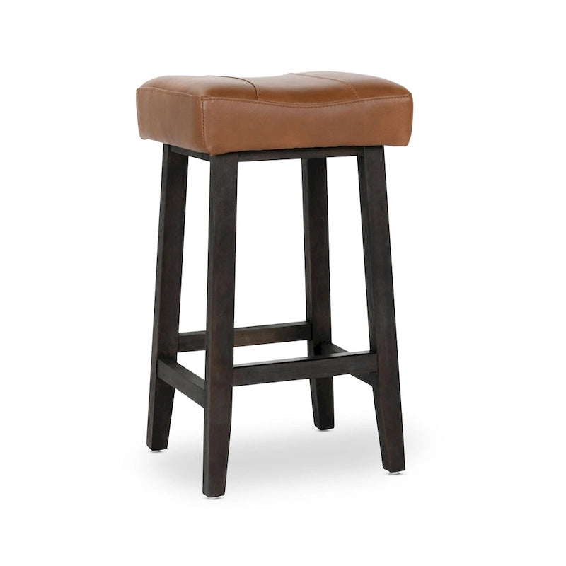 Tabouret de comptoir sans dossier en cuir végétalien, pieds en bois foncé, couleur caramel