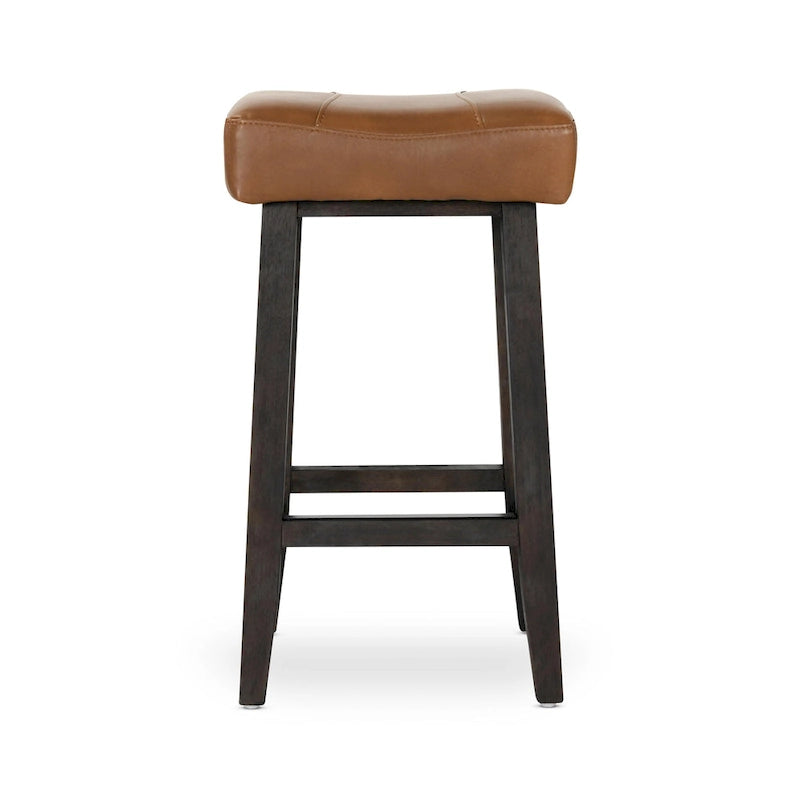 Tabouret de comptoir sans dossier en cuir végétalien, pieds en bois foncé, couleur caramel