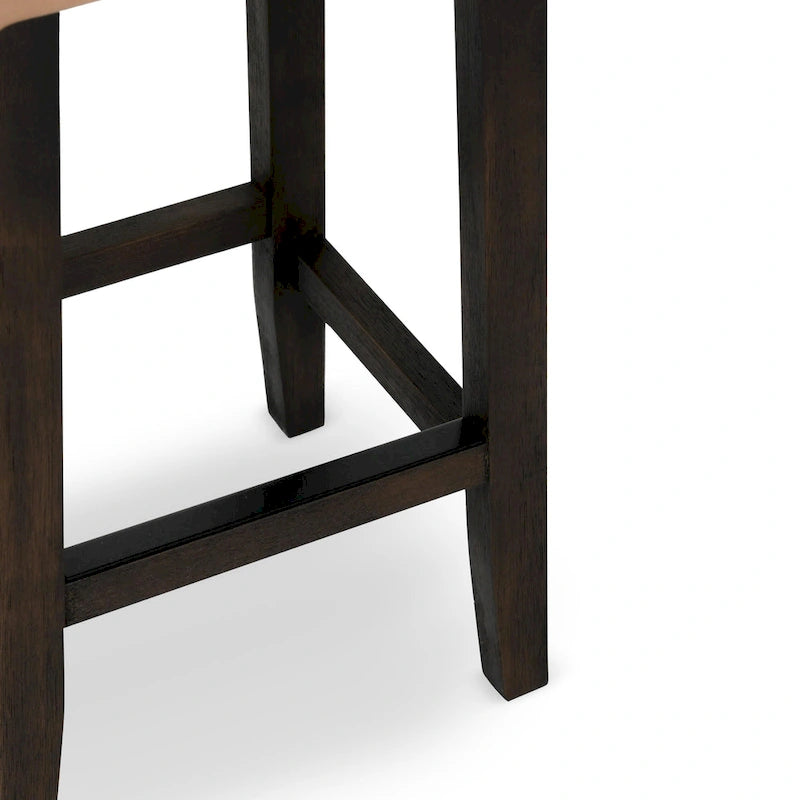 Tabouret de comptoir sans dossier en cuir végétalien, pieds en bois foncé, couleur caramel