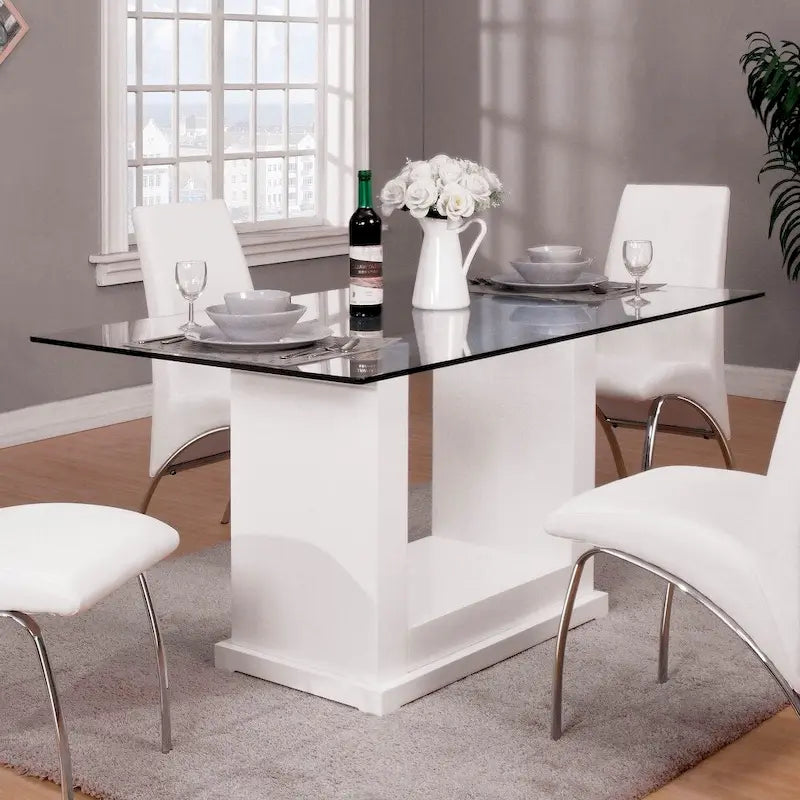 Table de salle à manger rectangulaire 59 pouces plateau en verre trempé piètement en U blanc
