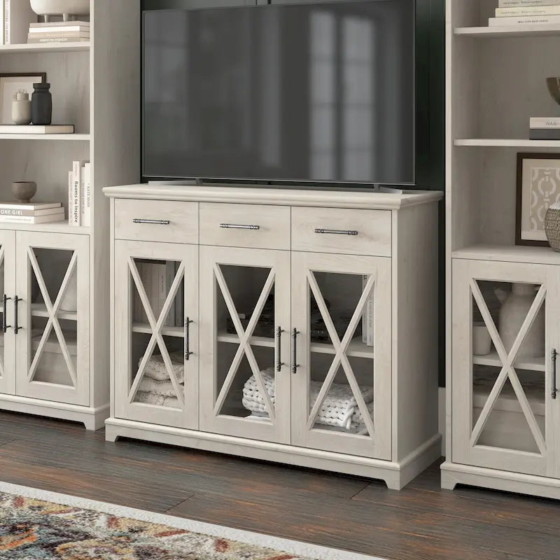 Meuble TV de ferme 165 cm Chêne blanc lin Vitrine Tiroirs