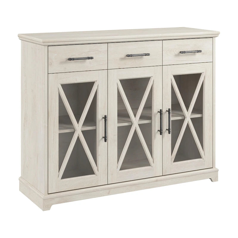 Meuble TV de ferme 165 cm Chêne blanc lin Vitrine Tiroirs