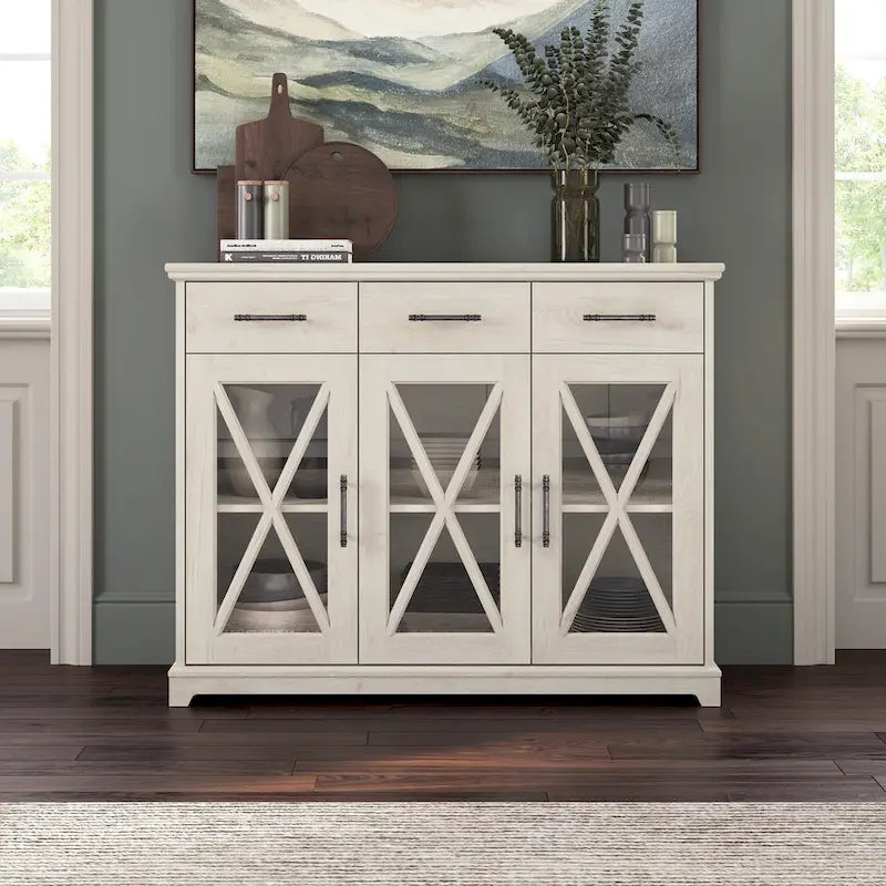 Meuble TV de ferme 165 cm Chêne blanc lin Vitrine Tiroirs