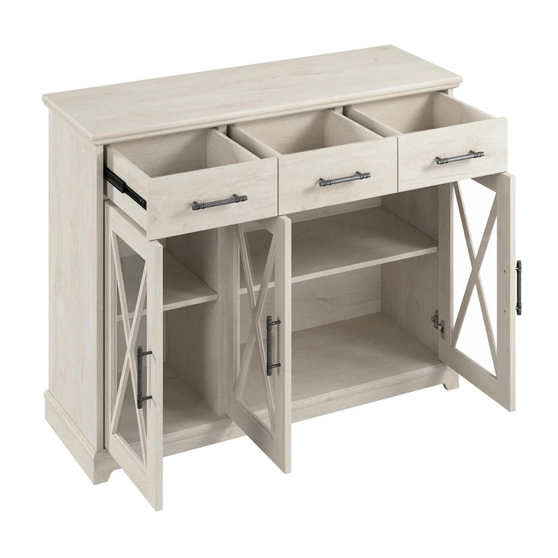 Meuble TV de ferme 165 cm Chêne blanc lin Vitrine Tiroirs