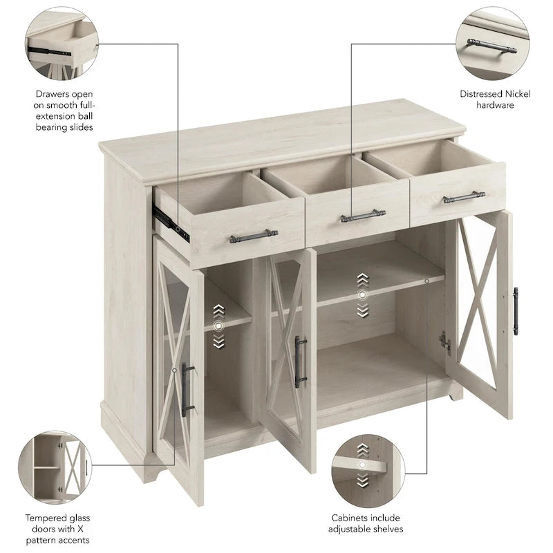 Meuble TV de ferme 165 cm Chêne blanc lin Vitrine Tiroirs