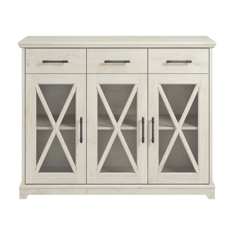 Meuble TV de ferme 165 cm Chêne blanc lin Vitrine Tiroirs