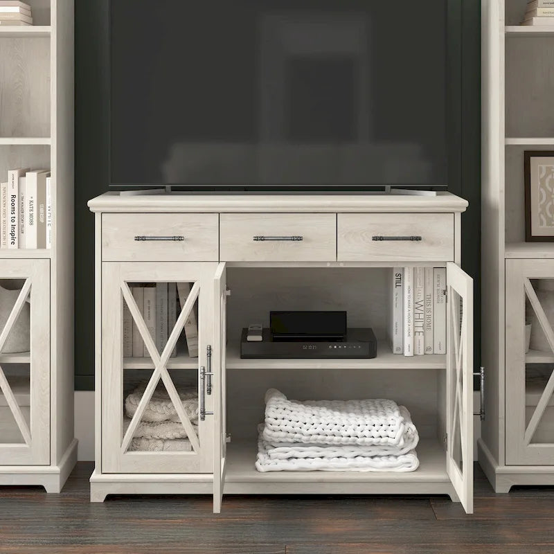 Meuble TV de ferme 165 cm Chêne blanc lin Vitrine Tiroirs