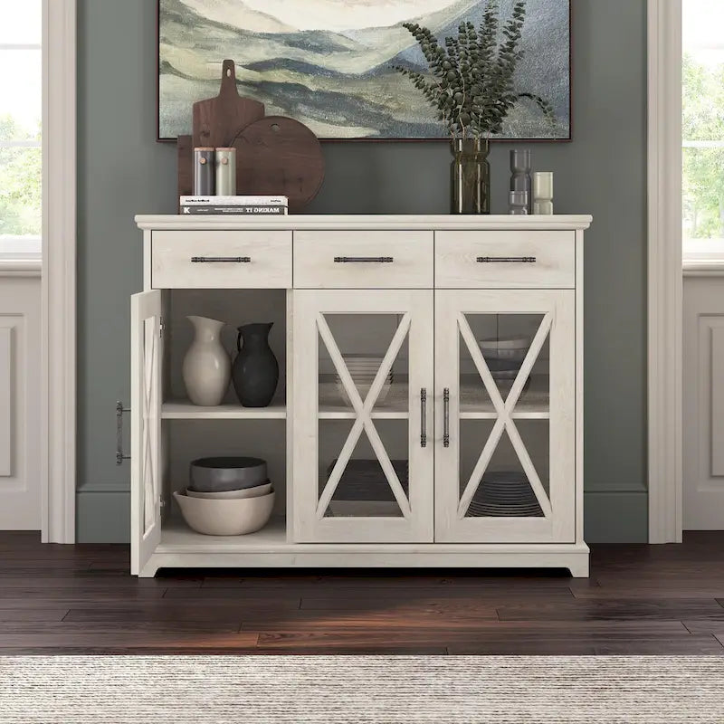 Meuble TV de ferme 165 cm Chêne blanc lin Vitrine Tiroirs