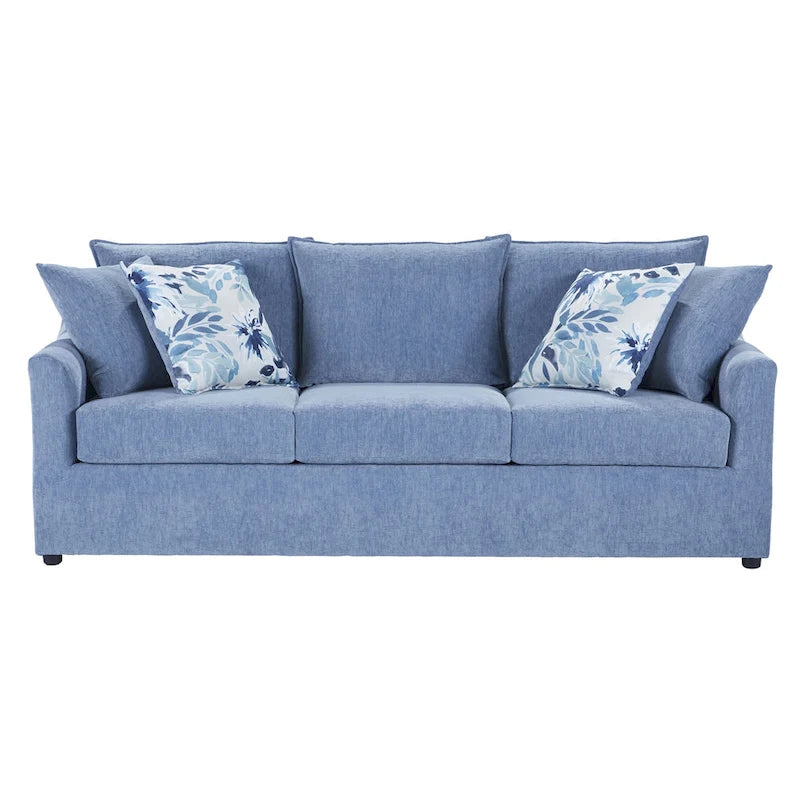 Canapé 3 places à coussins de dossier, polyester bleu ardoise, accoudoirs évasés, 4 coussins décoratifs