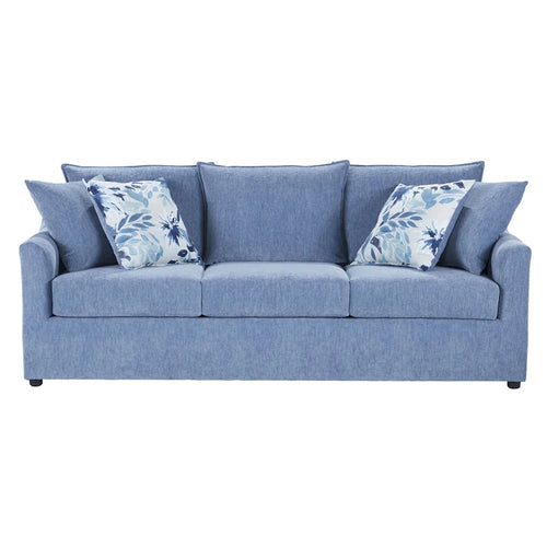Canapé 3 places à coussins de dossier, polyester bleu ardoise, accoudoirs évasés, 4 coussins décoratifs