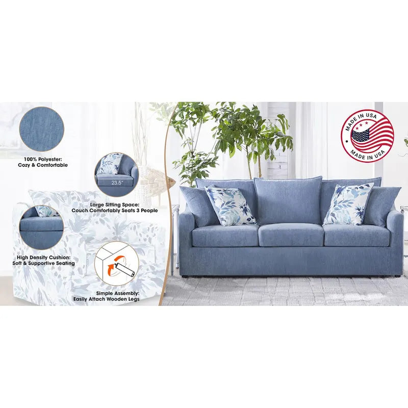 Canapé 3 places à coussins de dossier, polyester bleu ardoise, accoudoirs évasés, 4 coussins décoratifs