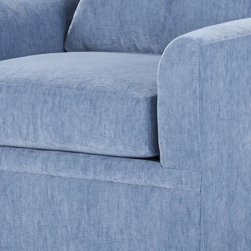 Canapé 3 places à coussins de dossier, polyester bleu ardoise, accoudoirs évasés, 4 coussins décoratifs
