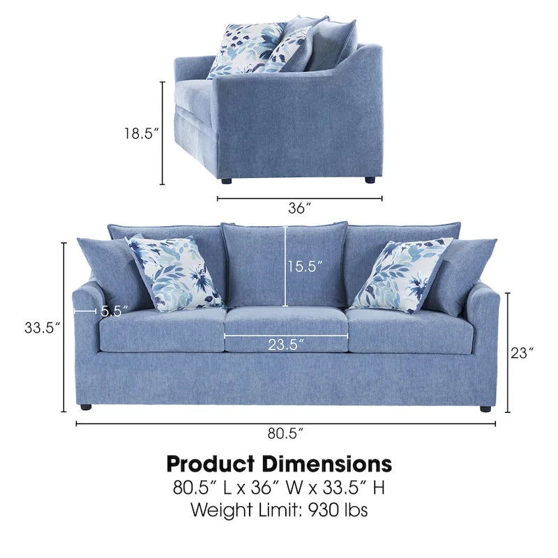 Canapé 3 places à coussins de dossier, polyester bleu ardoise, accoudoirs évasés, 4 coussins décoratifs
