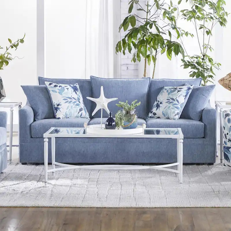 Canapé 3 places à coussins de dossier, polyester bleu ardoise, accoudoirs évasés, 4 coussins décoratifs
