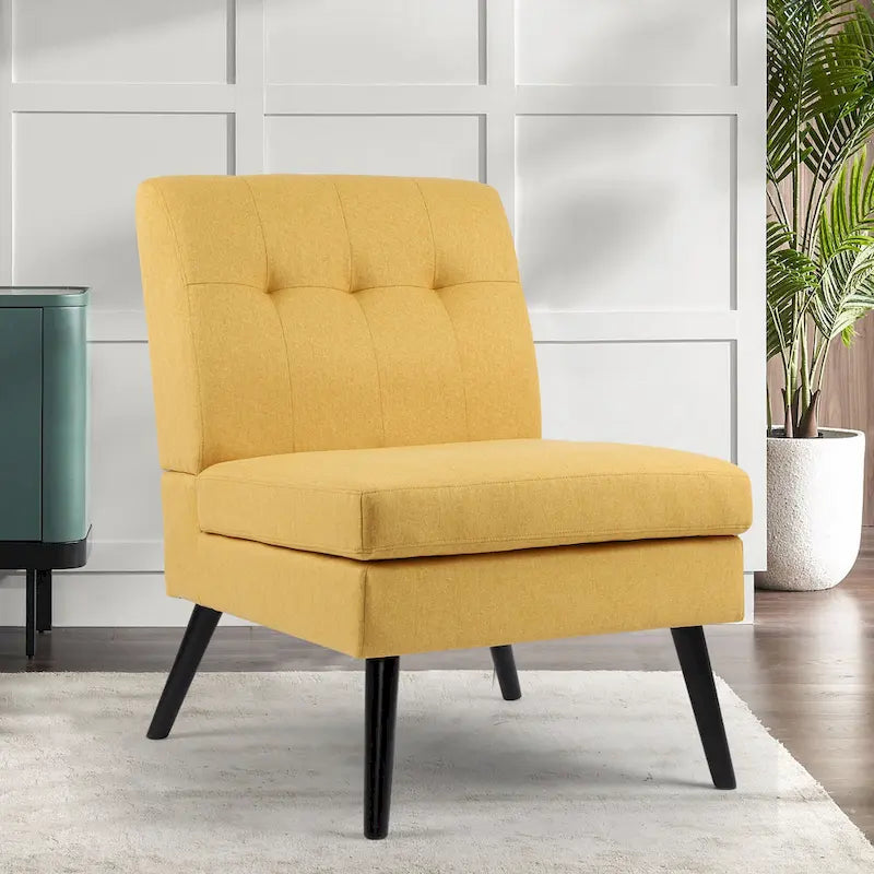 Fauteuil d'appoint capitonné moderne du milieu du siècle, tissu en lin, pieds en bois noir, sans accoudoirs