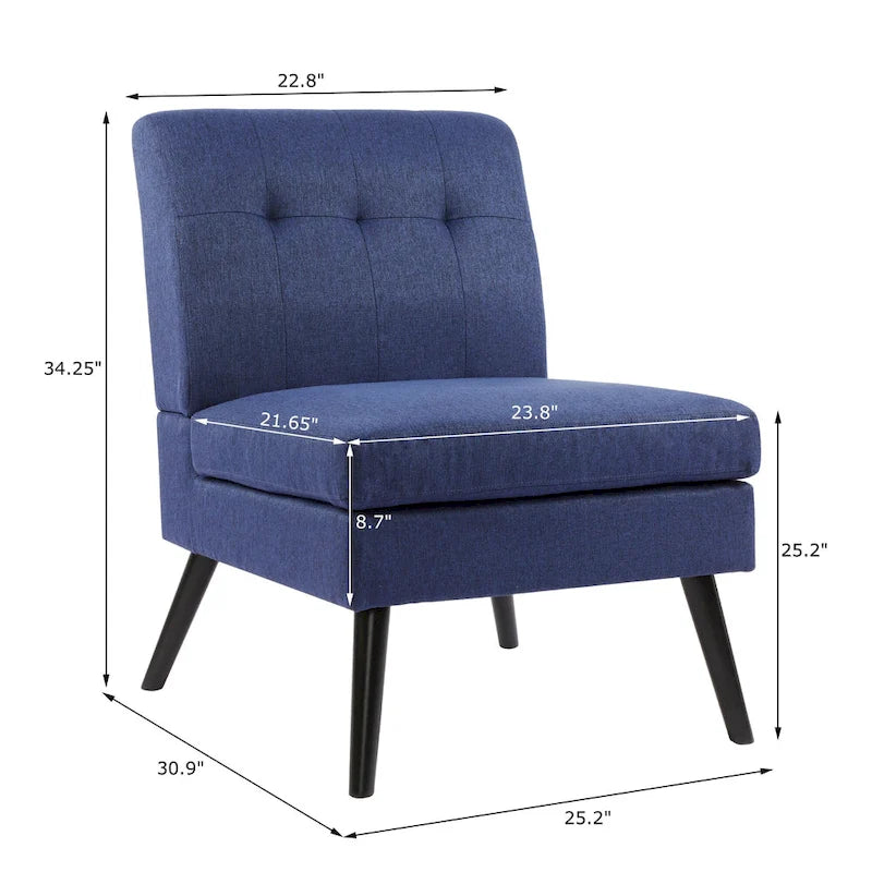 Fauteuil d'appoint capitonné moderne du milieu du siècle, tissu en lin, pieds en bois noir, sans accoudoirs