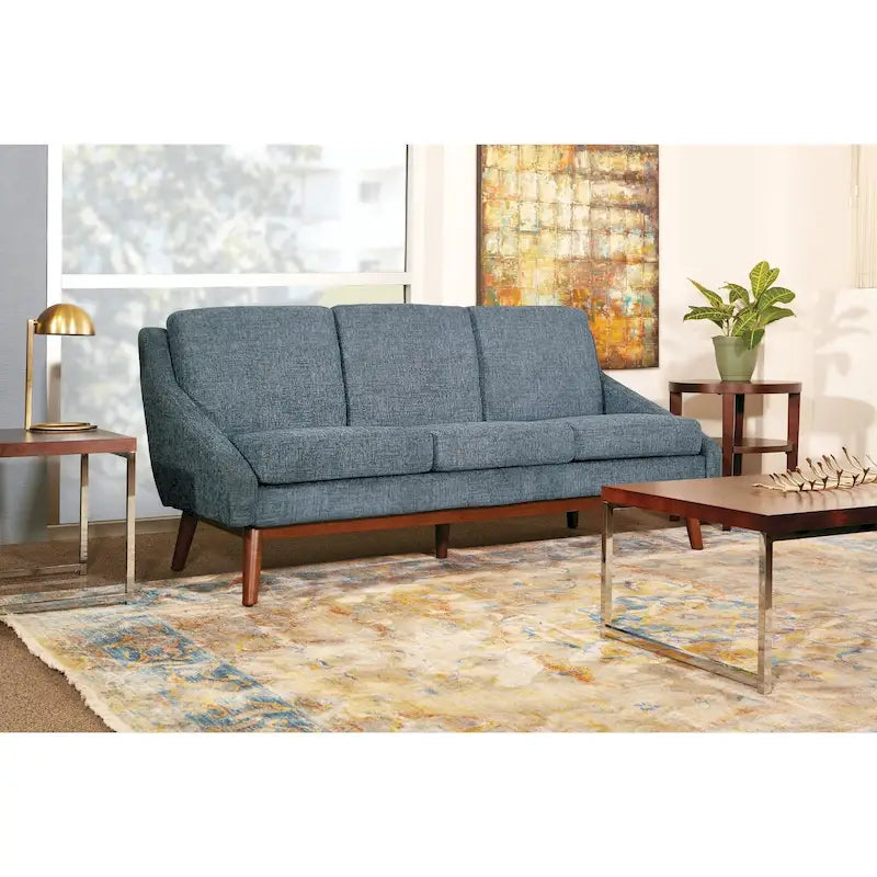 Canapé Mid-Century Modern à accoudoirs ouverts, tissu d'ameublement, pieds en bois massif