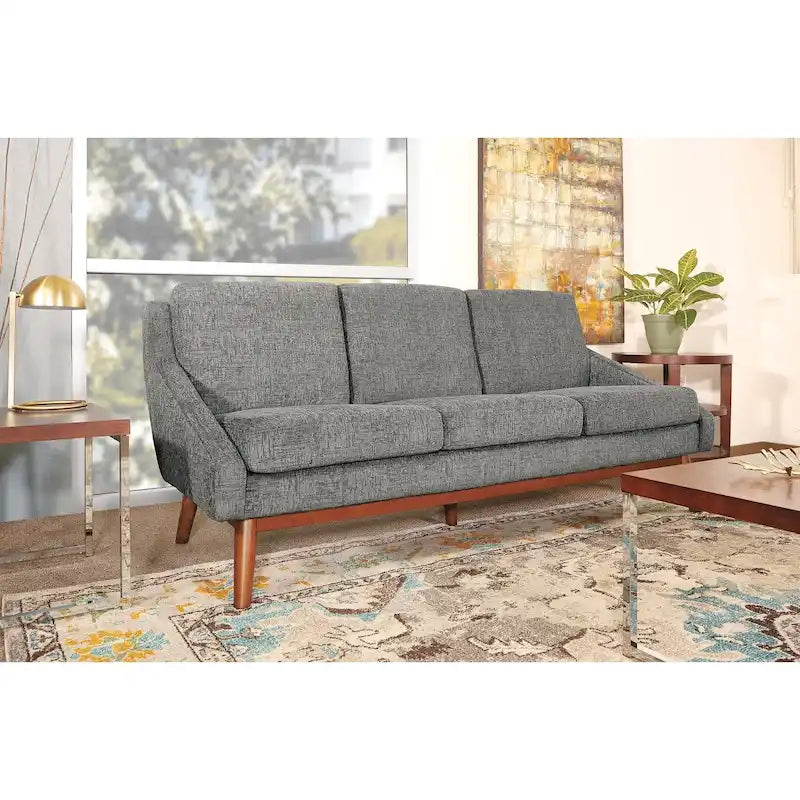 Canapé Mid-Century Modern à accoudoirs ouverts, tissu d'ameublement, pieds en bois massif