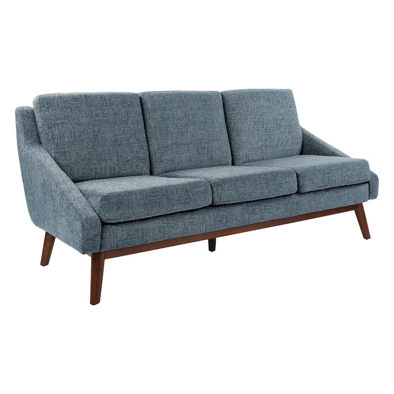 Canapé Mid-Century Modern à accoudoirs ouverts, tissu d'ameublement, pieds en bois massif