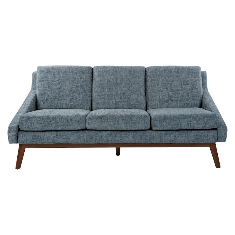 Canapé Mid-Century Modern à accoudoirs ouverts, tissu d'ameublement, pieds en bois massif