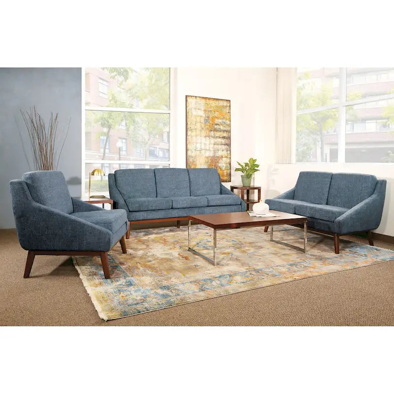 Canapé Mid-Century Modern à accoudoirs ouverts, tissu d'ameublement, pieds en bois massif
