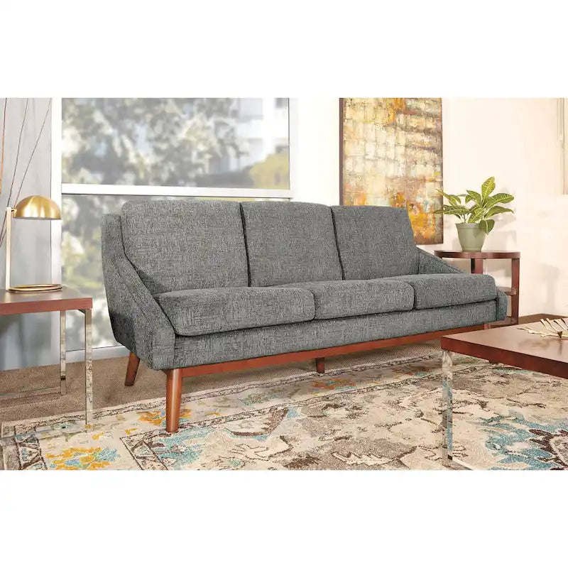Canapé Mid-Century Modern à accoudoirs ouverts, tissu d'ameublement, pieds en bois massif