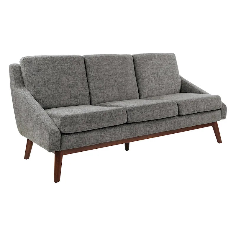 Canapé Mid-Century Modern à accoudoirs ouverts, tissu d'ameublement, pieds en bois massif