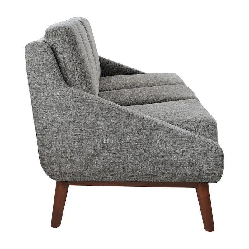 Canapé Mid-Century Modern à accoudoirs ouverts, tissu d'ameublement, pieds en bois massif