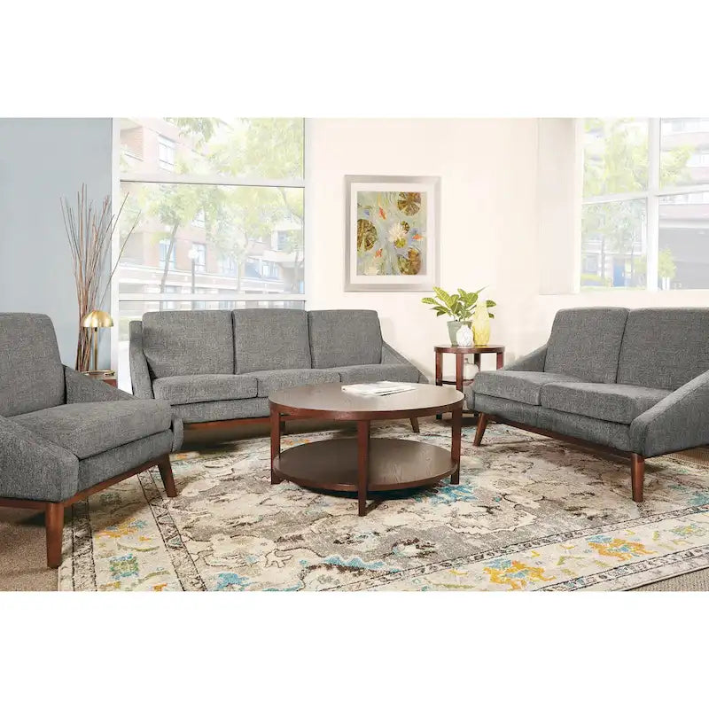 Canapé Mid-Century Modern à accoudoirs ouverts, tissu d'ameublement, pieds en bois massif