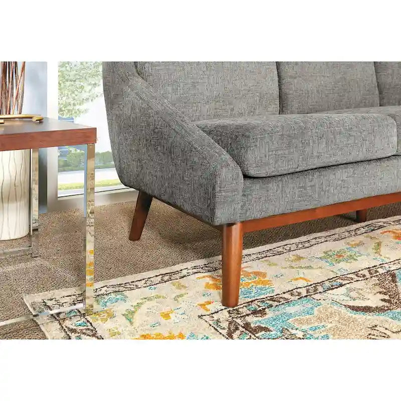 Canapé Mid-Century Modern à accoudoirs ouverts, tissu d'ameublement, pieds en bois massif