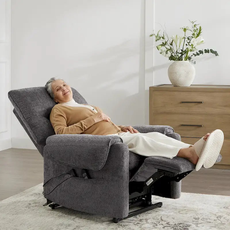 Fauteuil inclinable releveur électrique à positions infinies, chauffant et massant en chenille, pour personnes âgées