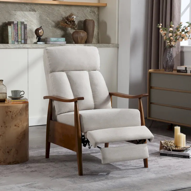 Fauteuil inclinable du milieu du siècle Repose-pieds réglable Dossier haut Cadre en bois massif Lin