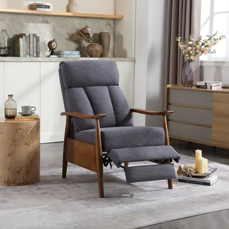 Fauteuil inclinable du milieu du siècle Repose-pieds réglable Dossier haut Cadre en bois massif Lin