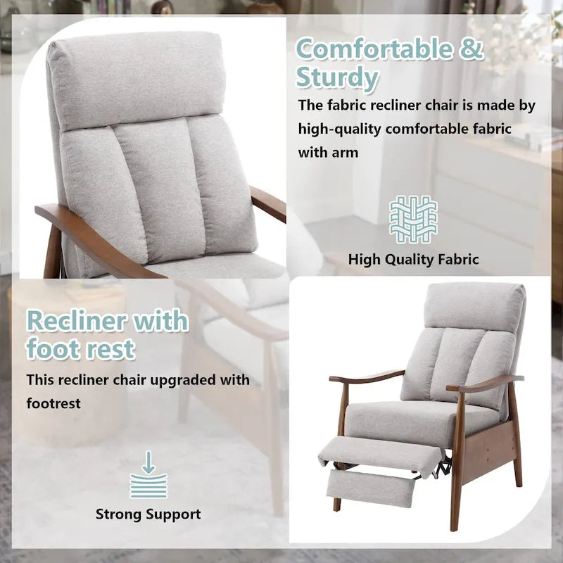 Fauteuil inclinable du milieu du siècle Repose-pieds réglable Dossier haut Cadre en bois massif Lin
