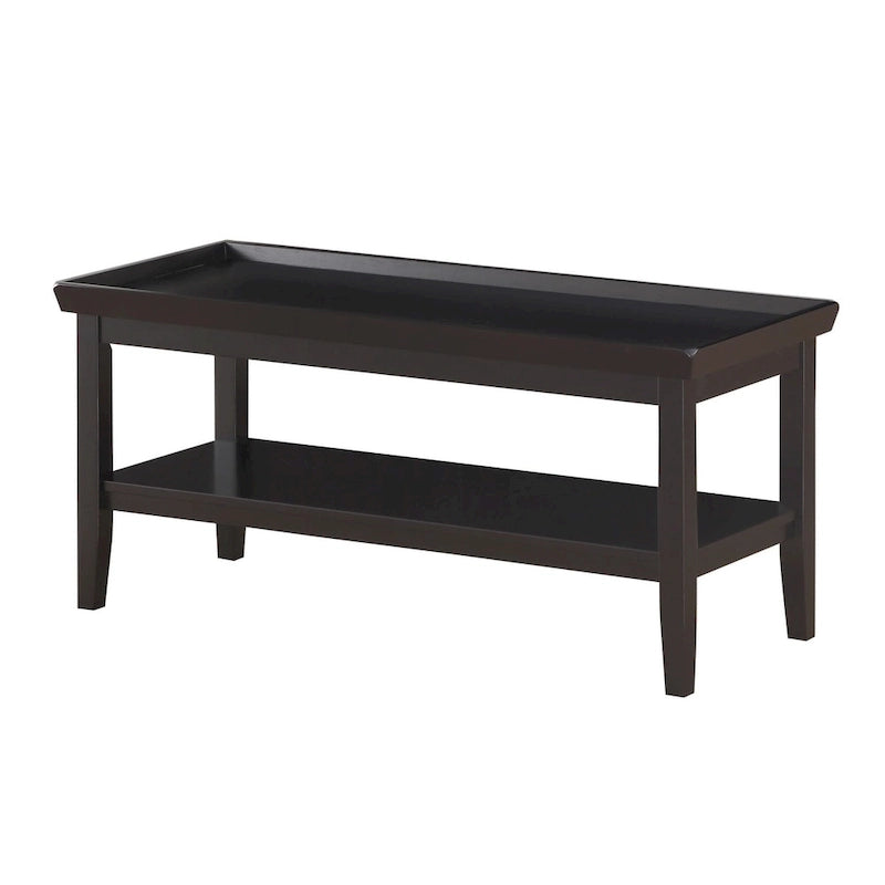 Table basse rectangulaire avec étagère inférieure, plateau à rebords et pieds fuselés