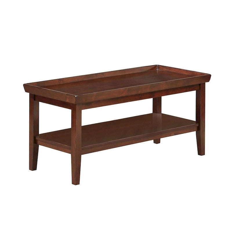 Table basse rectangulaire avec étagère inférieure, plateau à rebords et pieds fuselés