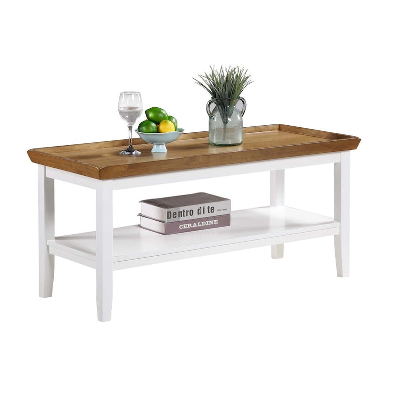 Table basse rectangulaire avec étagère inférieure, plateau à rebords et pieds fuselés