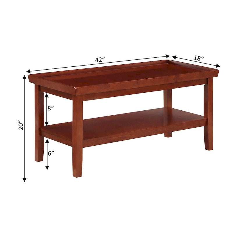 Table basse rectangulaire avec étagère inférieure, plateau à rebords et pieds fuselés