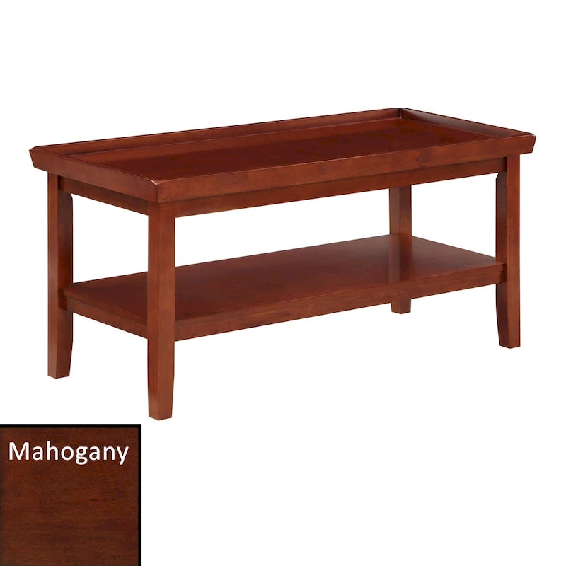 Table basse rectangulaire avec étagère inférieure, plateau à rebords et pieds fuselés