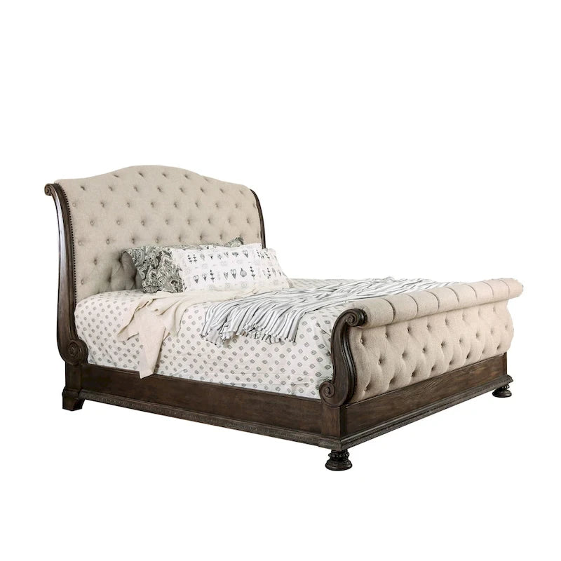 Cadre de lit traîneau rustique beige rembourré en tissu capitonné