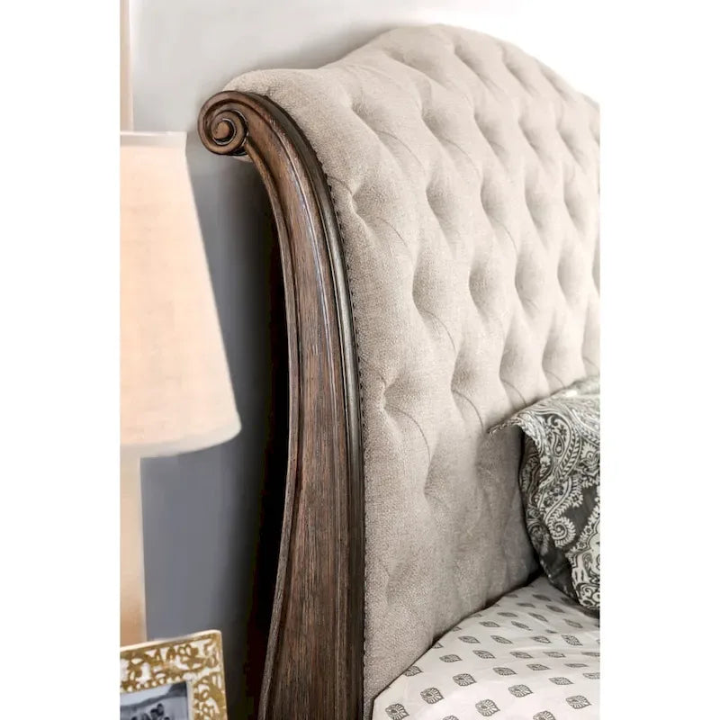 Cadre de lit traîneau rustique beige rembourré en tissu capitonné