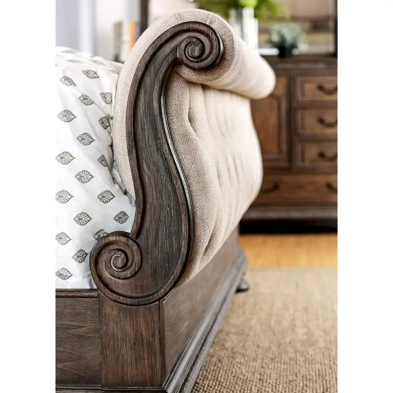 Cadre de lit traîneau rustique beige rembourré en tissu capitonné