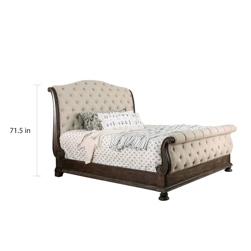 Cadre de lit traîneau rustique beige rembourré en tissu capitonné
