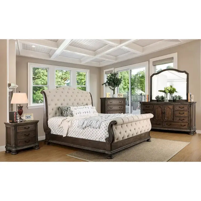 Cadre de lit traîneau rustique beige rembourré en tissu capitonné