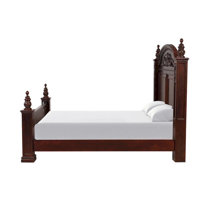 Lit King Size à Baldaquin Cerisier Foncé Tête de Lit Sculptée Poteaux à Pommeaux Traditionnel
