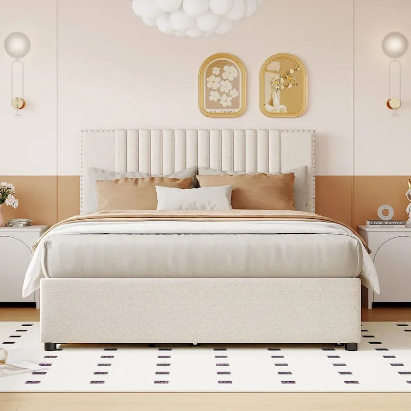 Lit plateforme rembourré pleine grandeur 2 tiroirs Lit gigogne double beige