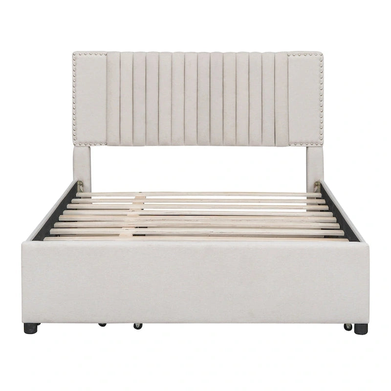 Lit plateforme rembourré pleine grandeur 2 tiroirs Lit gigogne double beige