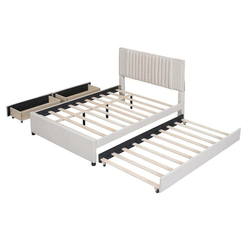 Lit plateforme rembourré pleine grandeur 2 tiroirs Lit gigogne double beige
