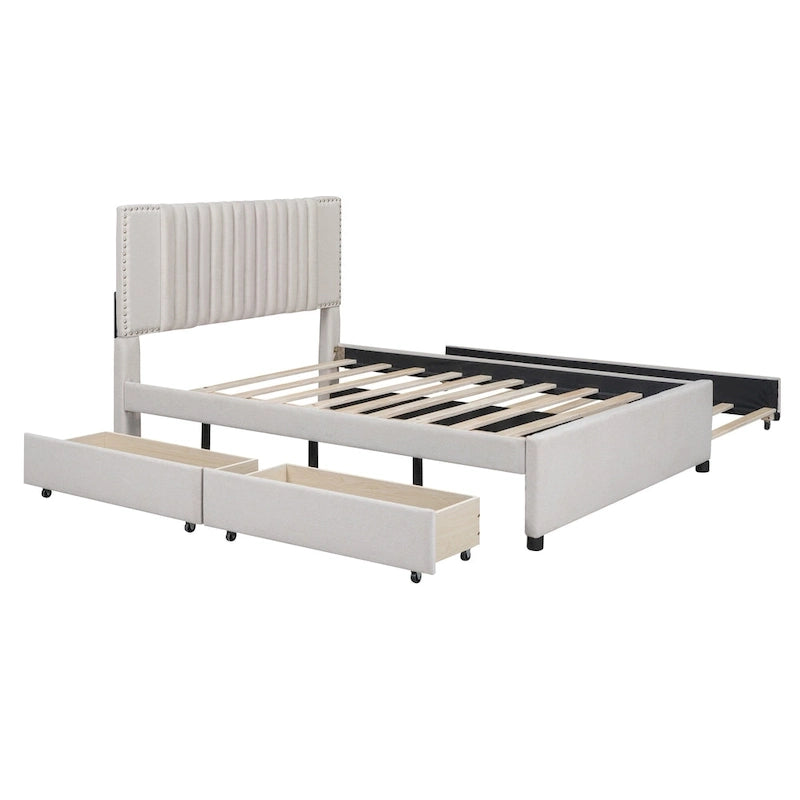 Lit plateforme rembourré pleine grandeur 2 tiroirs Lit gigogne double beige